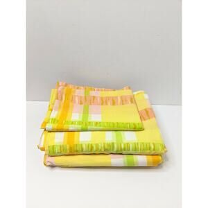 Vtg BURLINGTON 2 Twin Flat Sheets & 1 Pillowcase Plaid Stripe Tiger Yellow Pink